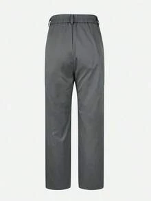 Pantalones rectos de tela de traje con bolsillo con cremallera de unicolor Jessfin, sin cintura, elegantes para la oficina, casuales y versátiles, para primavera/verano - Gris Oscuro - Ver 6