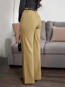 Pantalones rectos de tela de traje con bolsillo con cremallera de unicolor , sin cintura, elegantes para ir al trabajo, la oficina, uso casual, primavera/verano, versátiles - Caqui - Ver 3