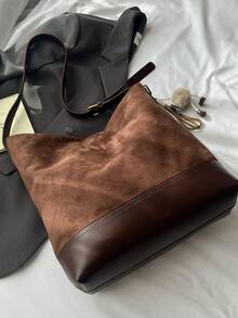 [Vintage Washed Tote Bag - Distressed Hardware Shoulder Bag For Mature Women, Multi-Compartment Water-Resistant, Caramel Brown Minimalist Style, Suitable For Commuting, School, Exploring Shops, All Seasons] - Coffee - View 9