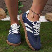 Women's Retro Patchwork Striped Low-Top Lace-Up Casual Sneakers, Comfortable Daily Commute Versatile Suede Patchwork Breathable Athletic Shoes - Blue - View 5