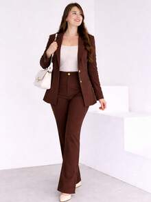 Women's Tailored Suit Set With Blazer And Trousers, Elegant Office/Winter Style, Fabric, Zipper, Pocket, Buttons At The Front - 鏽棕色 - 查看 4