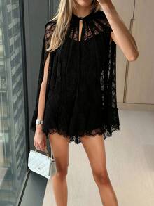 Women Lace Cape Dresses Loose See Through Crew Neck Mini Ruffled Dress For Party Club - Black - View 3