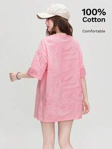 Camiseta de mujer casual JUTU+ de primavera/verano, de cuello redondo, holgada, de nueva moda, de manga corta, de color rosa claro, holgada, con estampado de lunares versátil y estampado de pintura de tinta - 0A66 rosa claro-1008 negro - Ver 3