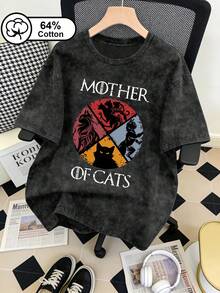 Women's Vintage Washed 'Cat Mom' Pattern, Street Style Summer Top For Cat Lovers, Round Neck Short Sleeve Casual T-Shirt, Suitable For Everyday Wear, Printed T-Shirt Black - Black - View 1