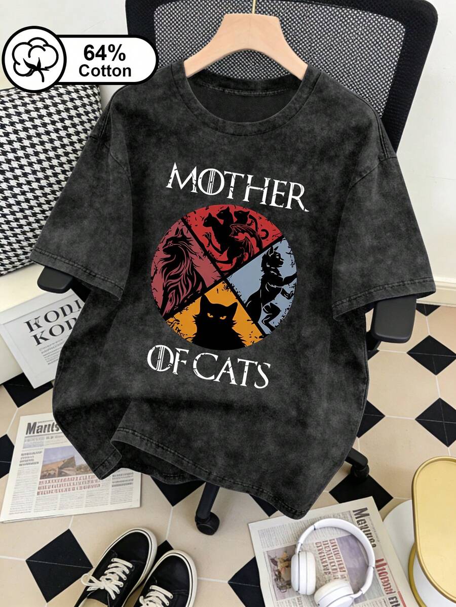 Women's Vintage Washed 'Cat Mom' Pattern, Street Style Summer Top For Cat Lovers, Round Neck Short Sleeve Casual T-Shirt, Suitable For Everyday Wear, Printed T-Shirt Black - Black - View 1