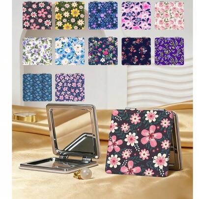 1 oglindă pliabilă în stil britanic, cu model floral rustic, oglindă de mână ușoară, compactă și portabilă, piele PU durabilă, potrivită pentru diverse ocazii, design floral delicat, structură pliabilă, fiabilă și durabilă, convenabilă de transportat