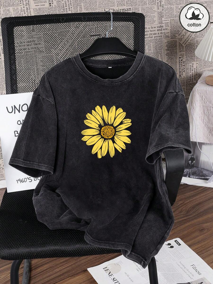 ZZG Es Trus 女士纯棉夏季趣味印花嘻哈“雏菊”花卉图案印花街头风韩版舒适复古时尚多功能Y2K风格休闲户外服，常规小众朋克风格黑色修身圆领短袖水洗T恤