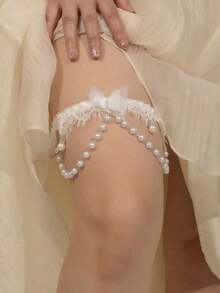 1pc White Lace Leg Chain For Bride With Faux Pearl Chain And Butterfly Decoration - 白色 - 查看 9