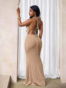 Conjunto de top halter metálico calado y minifalda para mujer - Caqui - Ver 2