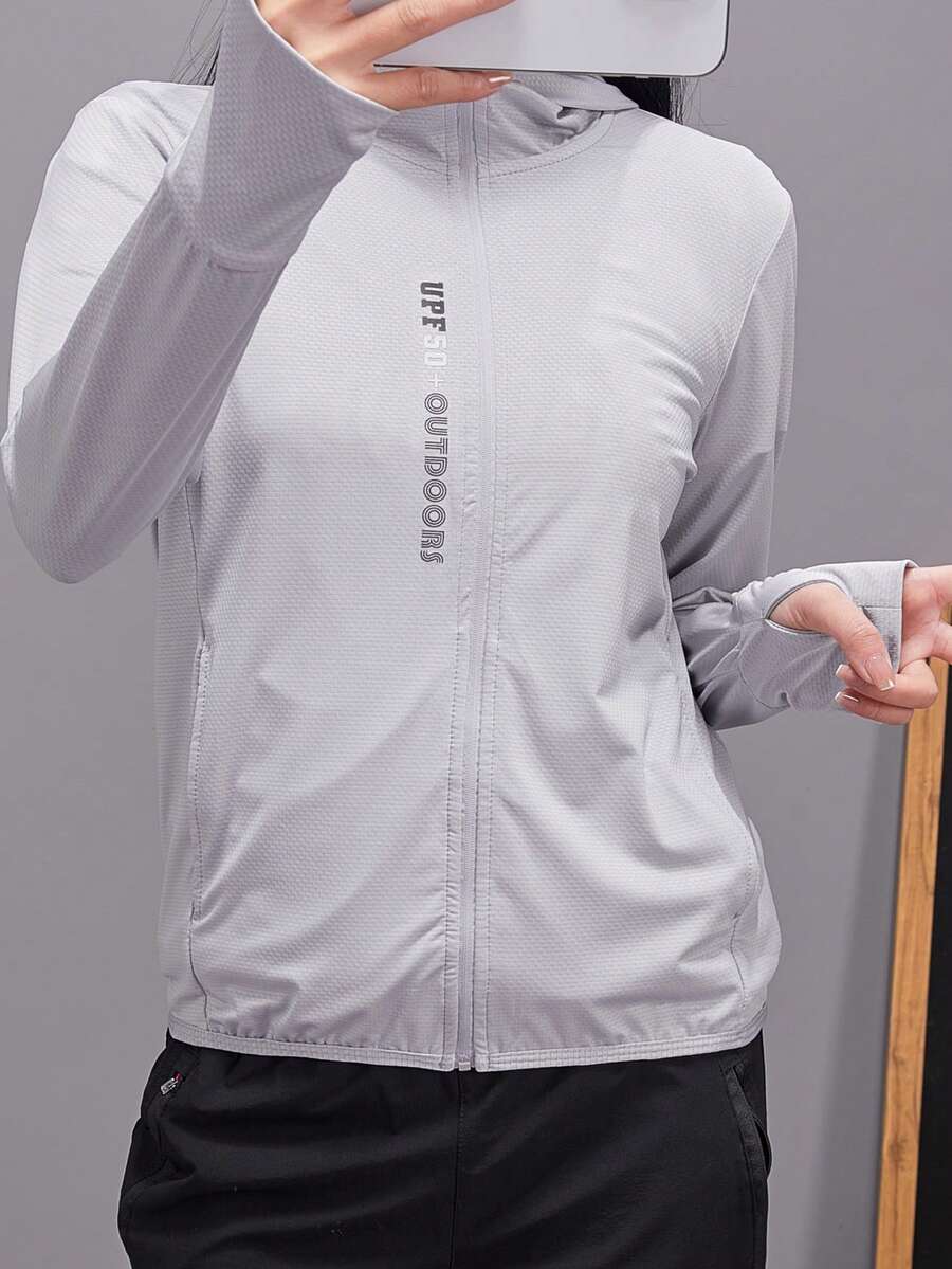 1件女款夏季輕量連帽運動夾克,彈性拉鍊夾克外套,戶外健行露營徒步騎行運動上衣 - 灰色 - 查看 1
