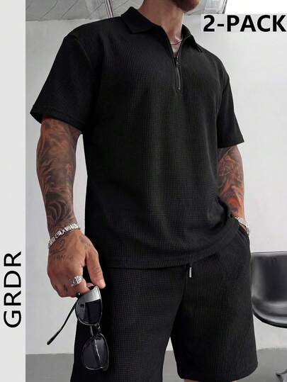 GRDR Conjunto de 2 piezas de camisa polo con cremallera blanca y pantalones cortos con cordón estilo minimalista casual de verano retro tipo waffle para hombres