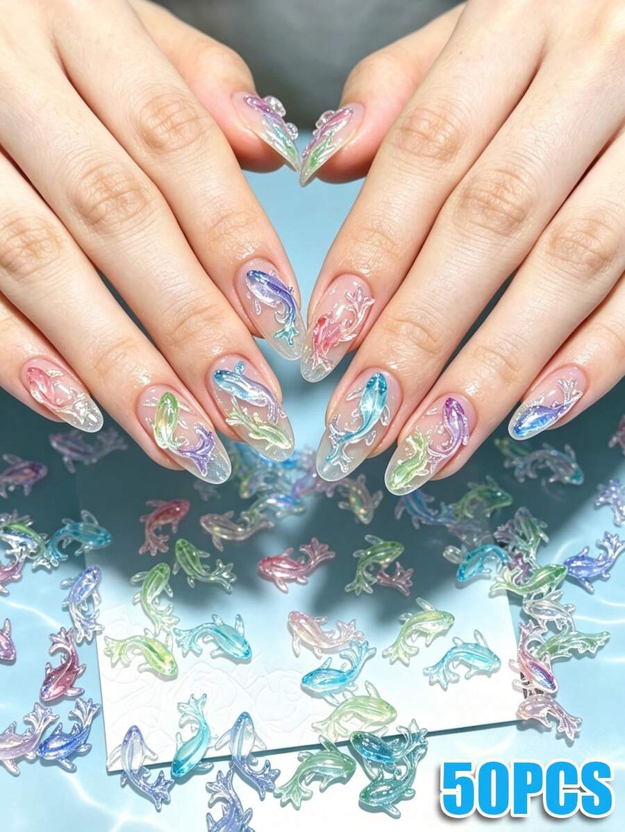 Bộ 50 viên đá trang trí móng tay hình cá vàng mini - Đá giả kim cương hình cá vàng dễ thương bằng nhựa, đồ trang trí móng tay thủ công hình cá vàng, đá quý trang trí móng tay. - Nhiều màu - Xem 1