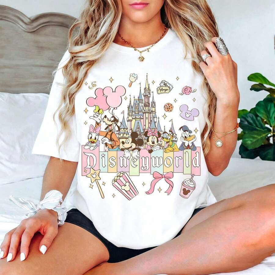 Loose Oversize Retro Disneyland Theme T-Shirt, Disney Girl Travel T-Shirt, Mickey And Friends T-Shirt, Disney Holiday T-Shirt, Disneyland Family Travel T-Shirt - 白色 - 查看 1