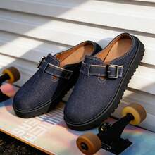 New Retro Denim Platform Mules With Metal Buckle, Slip-On Comfortable Soft Sole Backless Loafers - Royal Blue - View 7