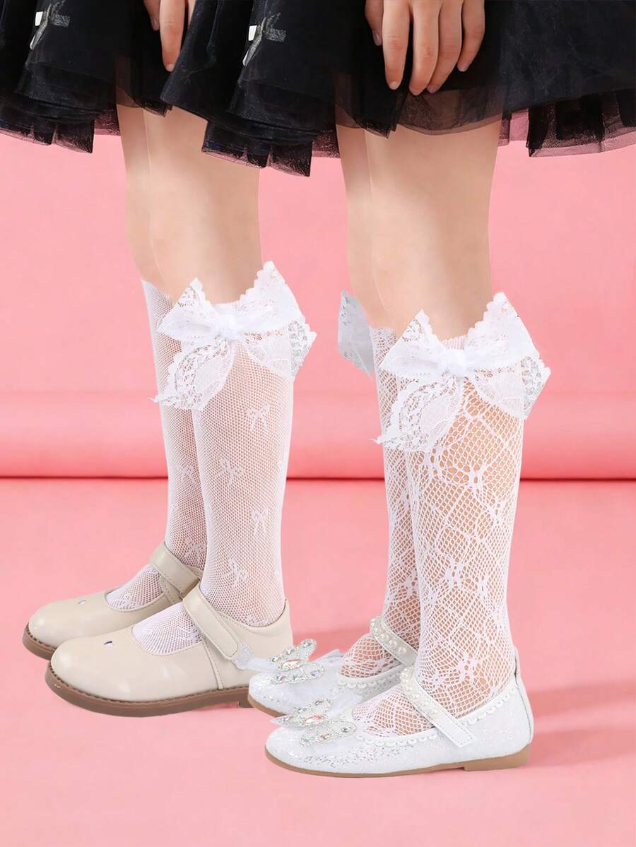 2双女婴甜美可爱蕾丝蝴蝶结爱心提花网眼短袜，适合女孩夏季穿着