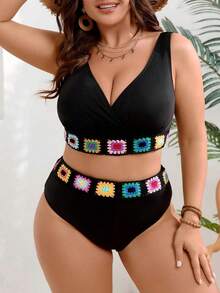 Plus Size Sexy Spaghetti Strap Bikini With Crochet Detail High Stretch Woven Fabric Black Swimsuit Set,Beach Wear,Ropa De Playa,Trusas De Mujer Para Playa,Pool Party Outfit Women,Tankini Top,Trusas De Mujer Para Playa,Traje De Baño Mujer,Swimwear,Tropicoqueta Outfits,Tropical Outfits For Women,4th Of July Outfit Women,Bikini Sets Full Coverage,Full Coverage Bikini,Hawaii,Trajes De Baño Mujeres - 黑色 - 查看 5