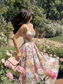 MOD Vestido elegante de mujer con estampado floral, cintura ceñida y tirantes gruesos - Multicolor - Ver 3