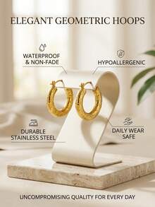 1 paire de boucles d'oreilles créoles épaisses en acier inoxydable plaqué or avec texture écaillée tressée pour femmes, résistantes à la tarnissure, plusieurs styles disponibles - Multicolore - Voir 4