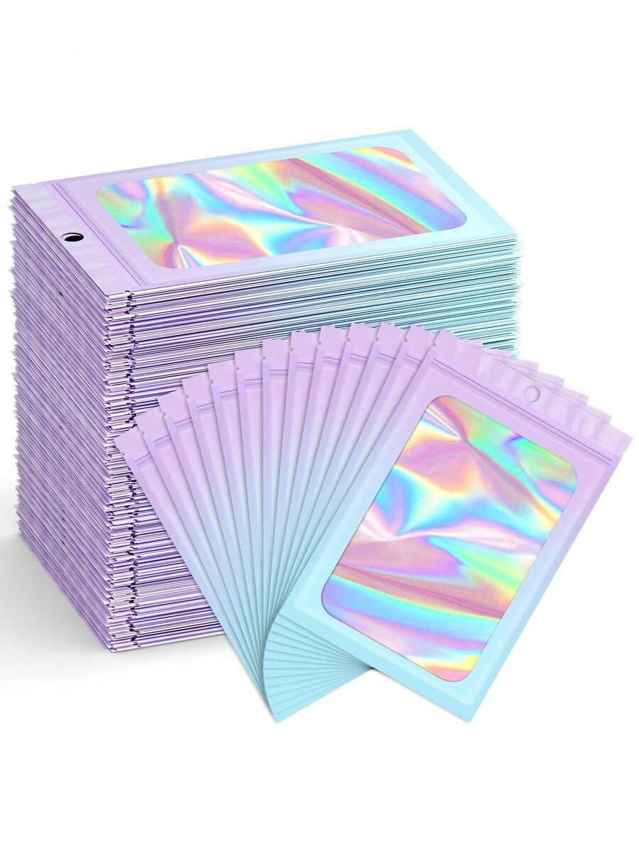 100pcs Holographic Transparent Plastic Bags, Cute Gradient Mylar Material, Earring Stud Jewelry Anti-Oxidation Bags, Holographic Iridescent Window Resealable Bags, Suitable For Small Businesses, Zipper Food Storage Bags For Packaging Snacks, Cookies, Candies, Jewelry Storage, Gummies, Cookies And Party Favors (Please Comment The Required Size And We Will Arrange It) - View 1