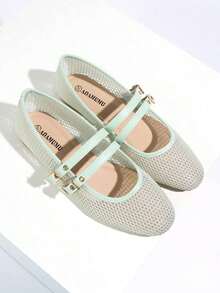 New Women Flat Ballet Mesh Shoes, Black And Beige, Round Toe, Solid Color Breathable Casual Flat Shoes, Fashionable And Comfortable - 綠色 - 查看 9