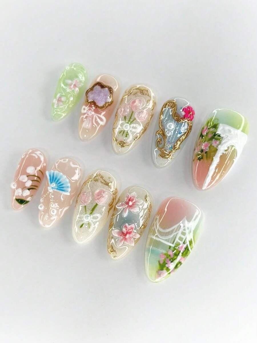 30片海洋風黏貼式美甲貼片，杏仁形假指甲，3D海星貝殼花卉圖案，珍珠金飾裝飾，亮面全覆蓋人造指甲，適合女性女孩夏季度假海灘日常配戴 - 青檸色 - 查看 1