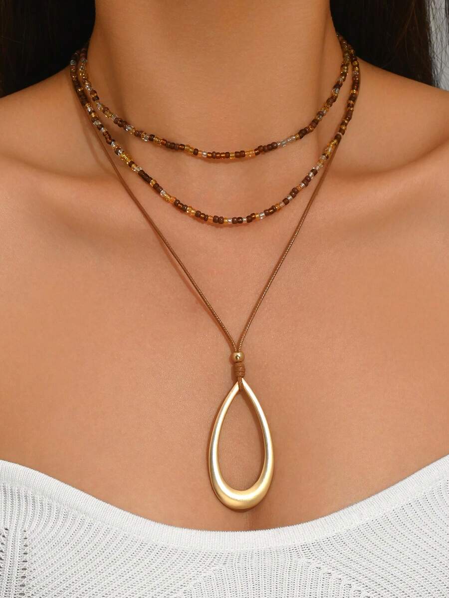 Bộ 3 dây chuyền hạt cườm thủ công phong cách Bohemian với mặt dây chuyền hình giọt nước hình học, trang sức thời trang phù hợp với trang phục hàng ngày của phụ nữ, du lịch nghỉ lễ, dự tiệc và các lễ hội âm nhạc. - Nhiều màu - Xem 1