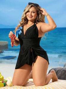 Plus Size Women 2Pcs/Set V-Neck Spaghetti Strap Printed Tankini Top And Bottoms Swimsuit For Summer Beach Vacation - Multicolor 6 - Ver 4