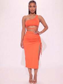 Women's Sexy One Shoulder Crop Top With Criss Cross Detail And Ruched Split Thigh Midi Skirt Two Piece Set Comfortable Knitted Fabric For Casual Or Party Wear - 橘色 - 查看 1