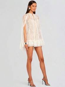 Women Lace Cape Dresses Loose See Through Crew Neck Mini Ruffled Dress For Party Club - 白色 - 查看 3