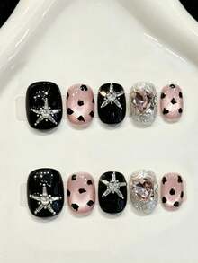 10 pièces Ongles courts ronds faits à la main pour les fêtes et le port quotidien, ongles noirs, œil de chat brillant, imprimé léopard noir et rose, strass pailleté, style doux et cool, ongles ovales, brillants et étincelants, faciles à porter. 10 pièces d'ongles faits à la main Y2K, convient pour les filles et les femmes, festivals, fêtes et port quotidien - Noir - Voir 11