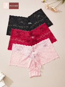 3pcs Plus Size Comfortable Breathable Sexy Ladies Panties, Solid Color Lace Trim High Elasticity - Multicolor - View 2