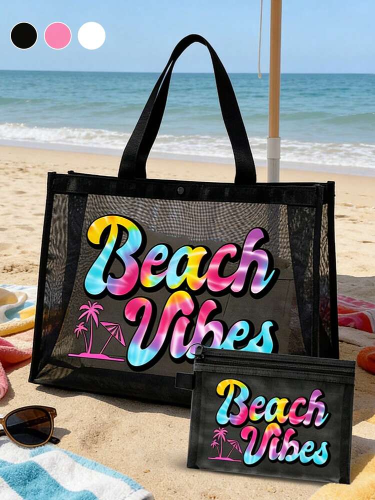 Mesh Tote Bag And Small Bag Set, Decorated With Colorful "Beach Style" Patterns, Includes One Tote Bag, One Beach Bag, One Hawaiian Style Transparent Storage Bag, One Travel Toiletry Bag, One Beach Tote Bag, One Casual Vacation Bag, One Cosmetic Storage Bag, Essential Summer Item, Perfect For School, Vacation, Holiday And Back To School, Also Great Gift For Friends And Teachers, Birthday Gift, Party Gift, Summer Gift, Vacation Gift, Holiday - Multicolor - View 10