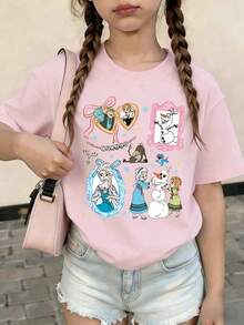 Disney Summer Tops,Princess Elsa From Disney's Frozen Print Graphic Tee, Perfect For Cute Girls. Teen Girl Gift,Comfortable And Breathable Children's Short-Sleeved T-Shirt. 180g Pure Cotton Children's Clothes,Suitable For Both Boys And Girls.Suitable For Daily Wear, Vacations, Outdoor Activities, And As A Children's Gift. - Pink - View 1