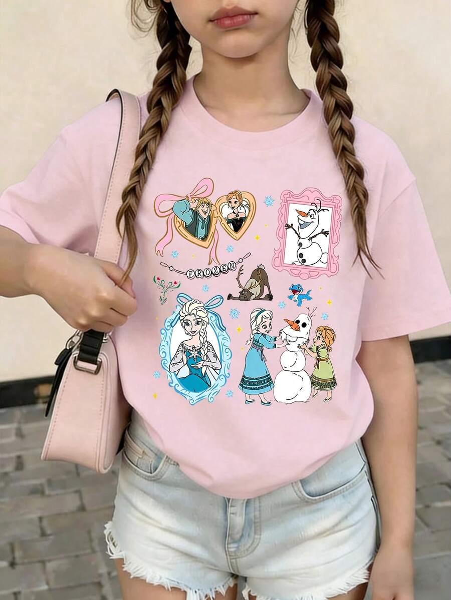 Disney Summer Tops,Princess Elsa From Disney's Frozen Print Graphic Tee, Perfect For Cute Girls. Teen Girl Gift,Comfortable And Breathable Children's Short-Sleeved T-Shirt. 180g Pure Cotton Children's Clothes,Suitable For Both Boys And Girls.Suitable For Daily Wear, Vacations, Outdoor Activities, And As A Children's Gift. - Pink - View 1