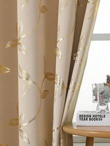 Verdunklungsvorhänge mit Rebblattmuster, goldbedruckte Vorhänge, in verschiedenen Farben und Größen erhältlich, Ösendesign an der Oberseite, geeignet für Wohnzimmer, Schlafzimmer, Esszimmer, Hotel und Arbeitszimmer - Beige mit goldenen Blüten - Übersicht 10