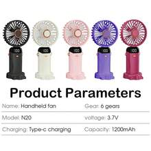 Ventilador portátil recargable con base y cordón, que brilla en la oscuridad, con 6 velocidades de viento ajustables, adecuado para oficina, transporte, campamento, picnic, senderismo, playa, mochilero, deportes, ventilador de enfriamiento esencial para viajes de verano - Soporte de Mano - Ver 3