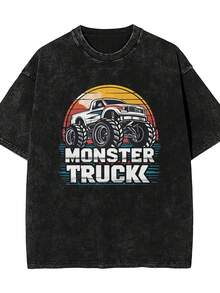 Monster Trucks Are My Jam Vintage Retro Monster Truck Lover  Washed Black Distressed T Shirt Unisex Retro Oversized Short Sleeve Top For Skateboarding And Casual Outings Cosplay, - Black - View 1