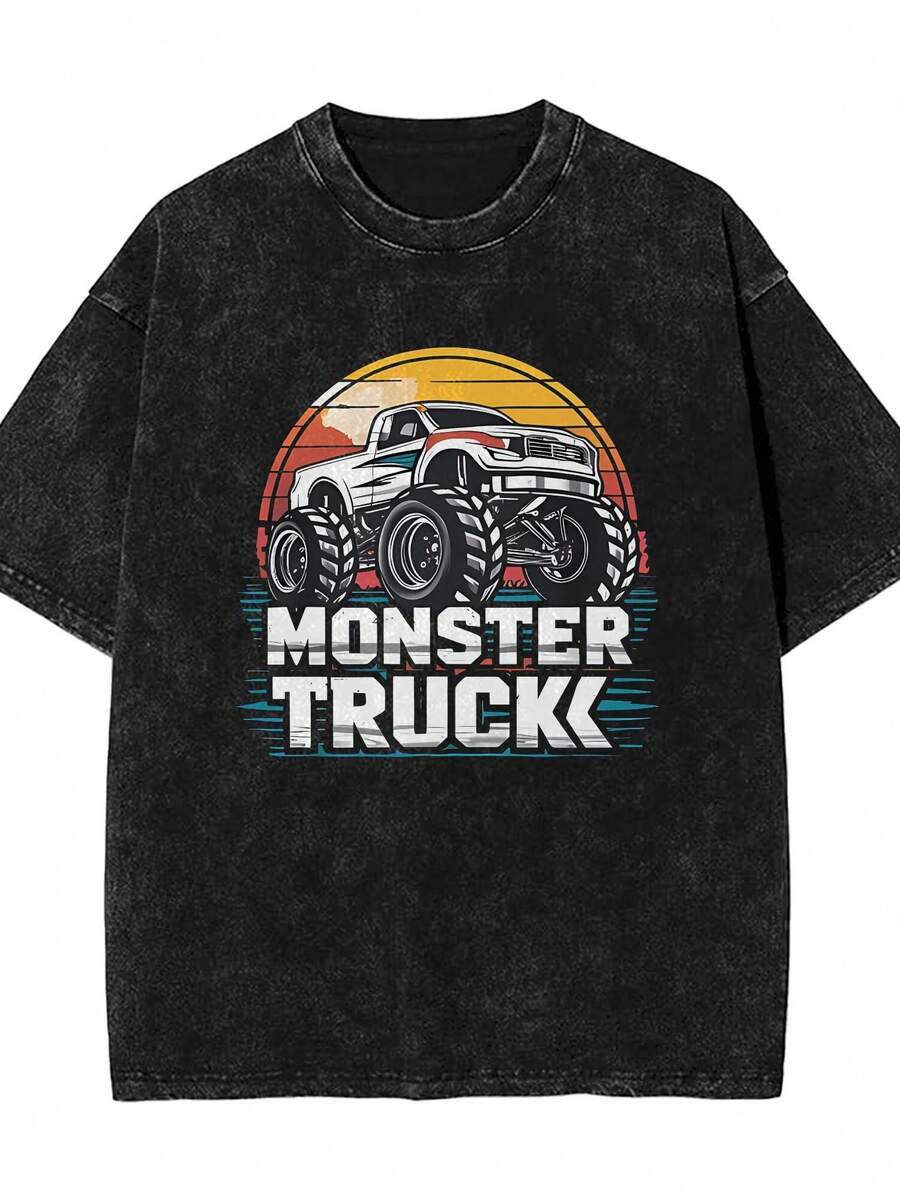 Monster Trucks Are My Jam Vintage Retro Monster Truck Lover Washed Black Distressed T Shirt Unisex Retro Oversized Short Sleeve Top For Skateboarding And Casual Outings Cosplay, - Black - View 1