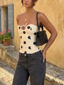 休闲性感优雅年轻时尚迷人波点编织面料抹胸甜美度假日常单身派对旅行夏季上衣、春季上衣、派对上衣、外出上衣 - 杏色 - 查看 7