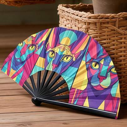 Quạt cầm tay phẳng, in họa tiết mèo Sphinx hình học nhiều màu sắc, thanh lịch và độc đáo, thích hợp cho các buổi tụ họp mùa hè, lễ hội âm nhạc, biểu diễn múa, món quà hoàn hảo cho sinh nhật hoặc các sự kiện (không cần pin), thiết kế phẳng.