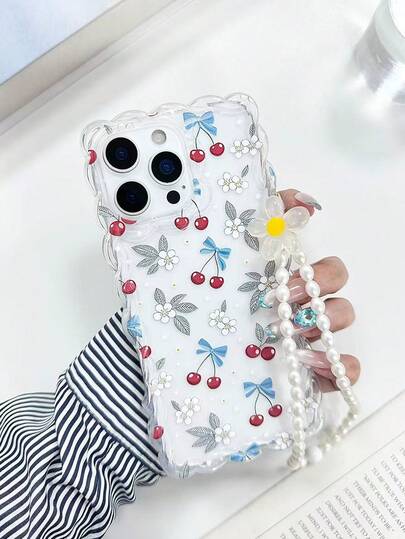 Cherry Blossom Printed Wavy Edge Transparent Protective Phone Case Compatible With Iphone 17/17 Pro/17 Pro Max, 16/16 Pro/16 Pro Max/16 Plus, 14, 15, P14, P13, P12, P11, Shock-Proof Creative Phone Cover