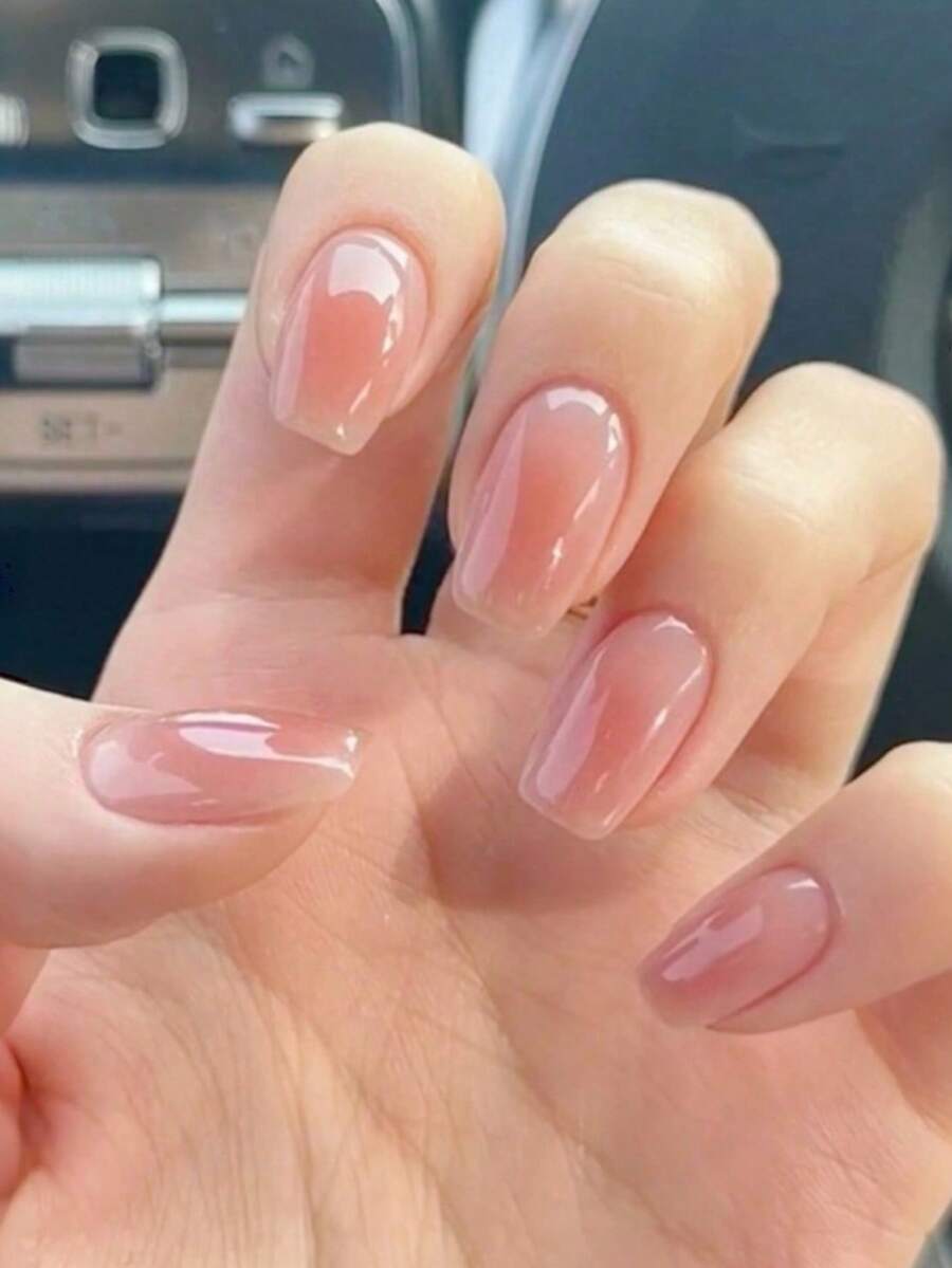 24片装短款方形优雅简约果冻粉色美甲贴套装，适合女性和女孩使用