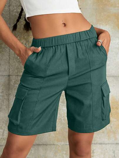 Pantalones cortos casuales de estilo callejero Y2K para el verano, con cintura elástica, bolsillo con solapa, corte recto y holgado, para uso diario, ocio y deportes al aire libre para mujeres