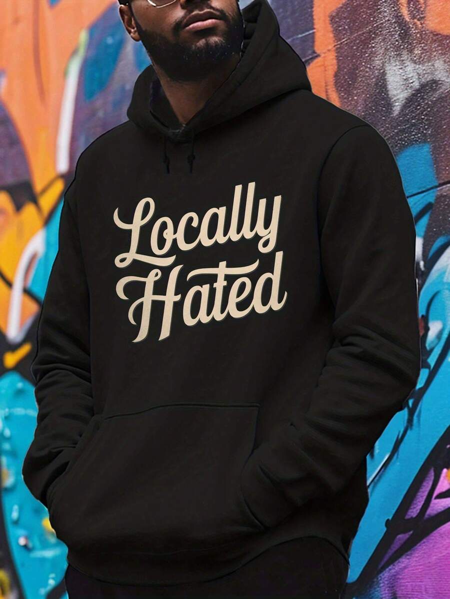 Men's 3D Printed Hoodie With The Slogan "Locally Hated" - Vintage Street Style Sweatshirt, Eye-Catching Lettering, Crew Neck, Regular Fit, Casual Wear For Autumn And Winter, American Men's Clothing Gift - Black - View 1