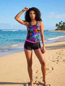 2026 New Tropical Floral Print Tankini, Contrast Trim & Black Shorts, Tummy Control Two-Piece Swimwear - 彩色 - 查看 1