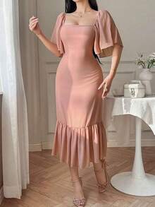Vestido elegante de mujer de unicolor con cuello cuadrado y dobladillo con volantes, conjunto de ropa para el Día de San Valentín para mujer - Rosa - Ver 5