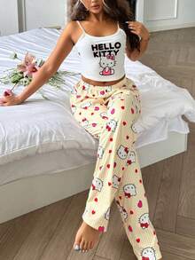 Hello Kitty印花女士吊带露脐上衣+松紧腰直筒裤睡衣套装（2件套） - 黃色 - 查看 3
