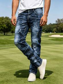 Men Stretch Slim Straight Cargo Jeans, Dark Blue Crack Washed Distressed Denim Pants With Multi Functional Pockets, All Season Daily Street Casual Out - Navy Blue - View 3