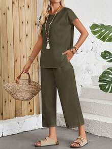 Conjunto Dos Piezas Mujer Blanco, Blusa Cuello Redondo Mangas Cortas Holgada, Pantalones Largos Anchos Culotte, Tejido De Lino Ligero Fresco Transpirable, Estilo Minimalista Boho Natural Chic Ideal Para Looks Diarios Veraniegos Y Vacaciones - Verde militar - Ver 4