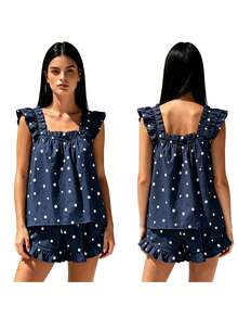 Women 2 Piece Pajamas Outfits Summer Dot Print Ruffled Trim Sleeveless Tank Tops and Shorts Set Sleepwear - Azul - Ver 5